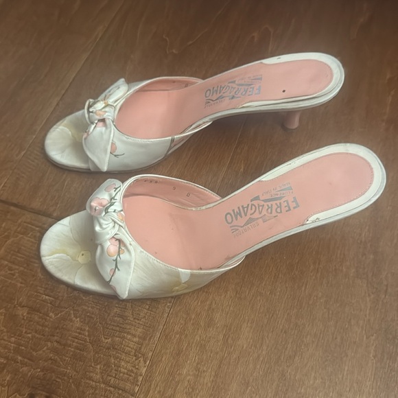 Salvatore Ferragamo Women's Cream and Pink Floral Silk Mules - Picture 2 of 6